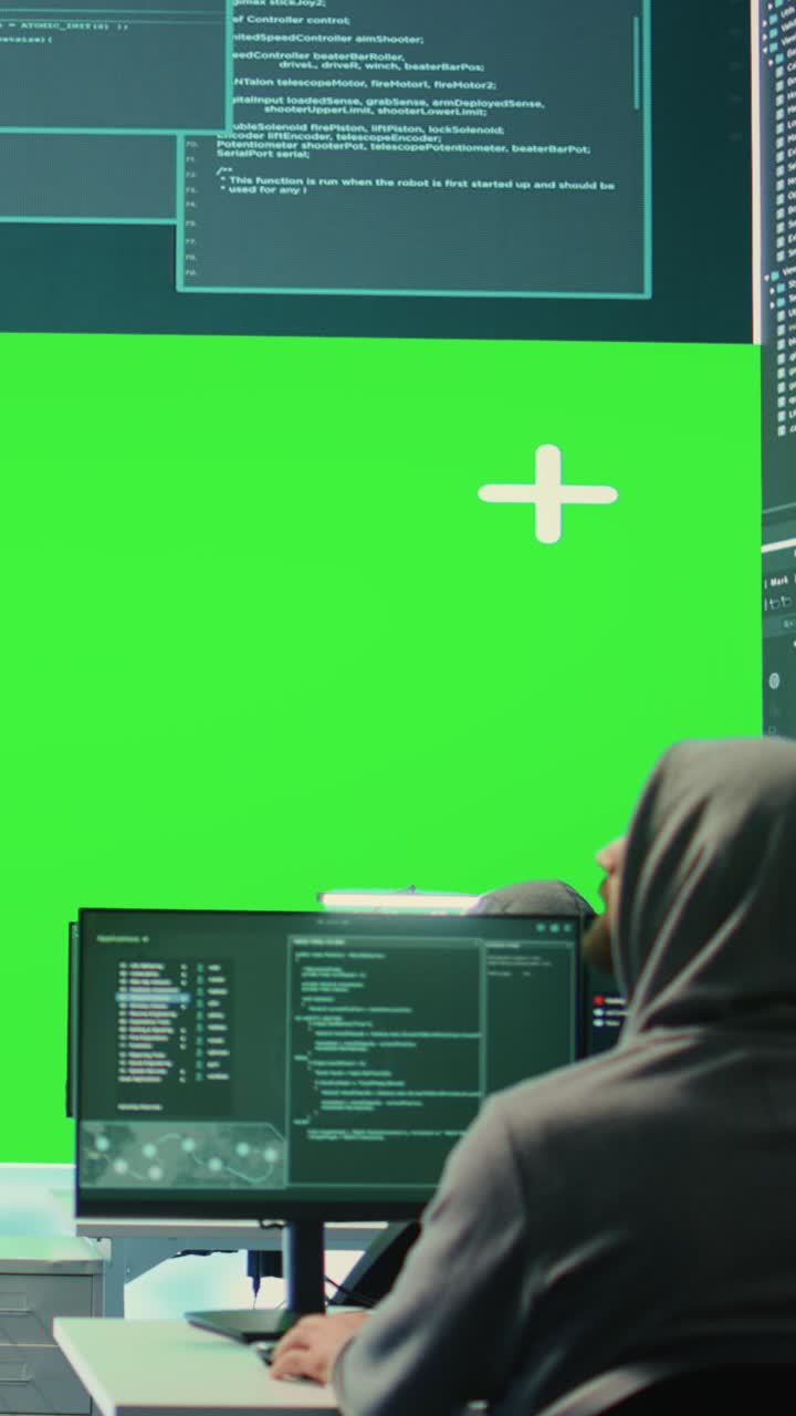 Anonymous Hacker Coding on Computer with Green Screen Monitor