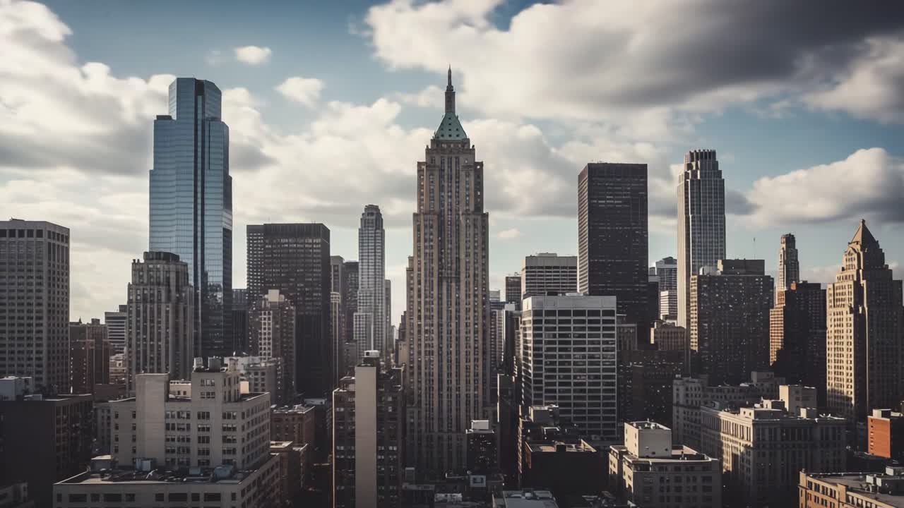 Urban Skyline at Dusk with Iconic Architecture and Dramatic Clouds, Capturing the Essence of Modern City Life in a Dynamic Metropolitan Landscape