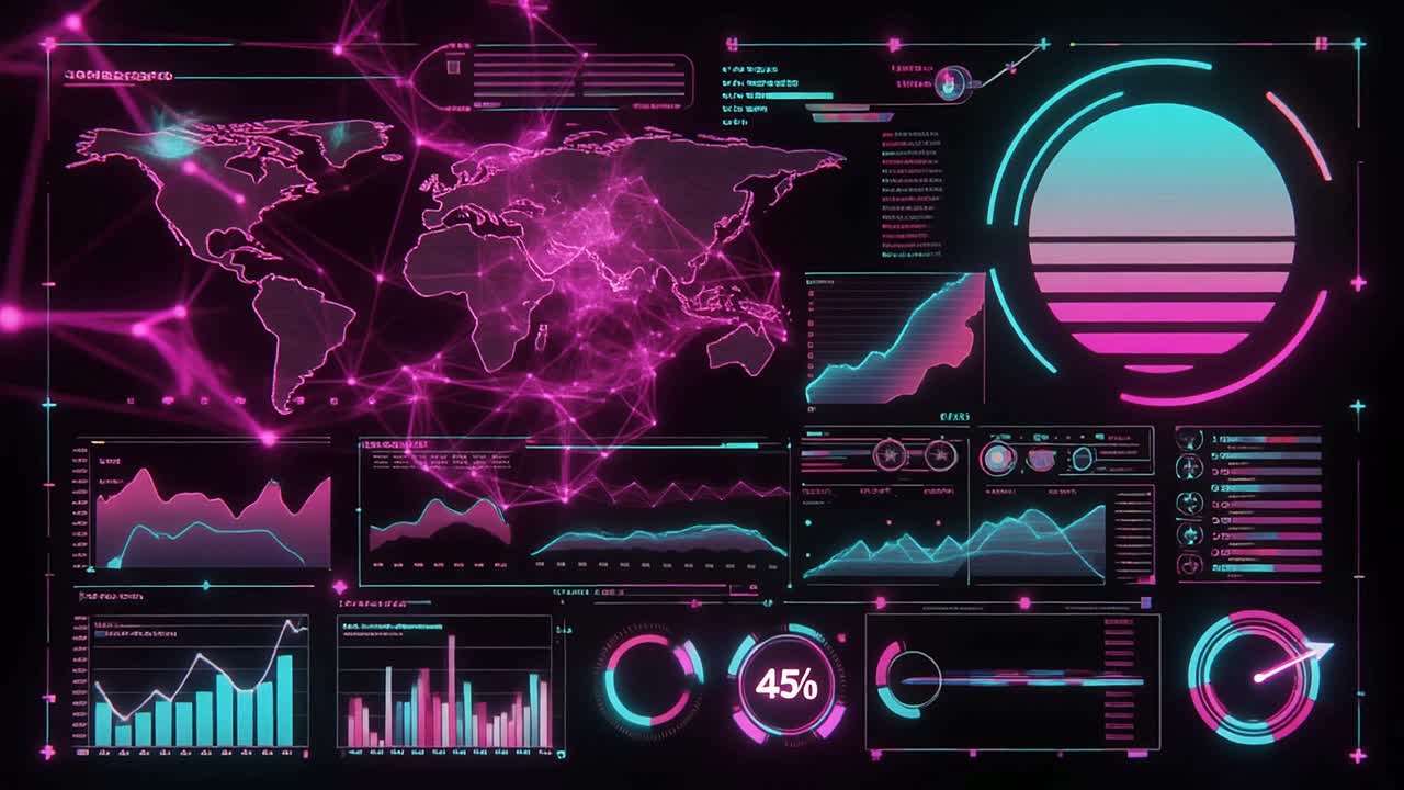 Futuristic Digital Interface Displaying Global Network Data and Graphs