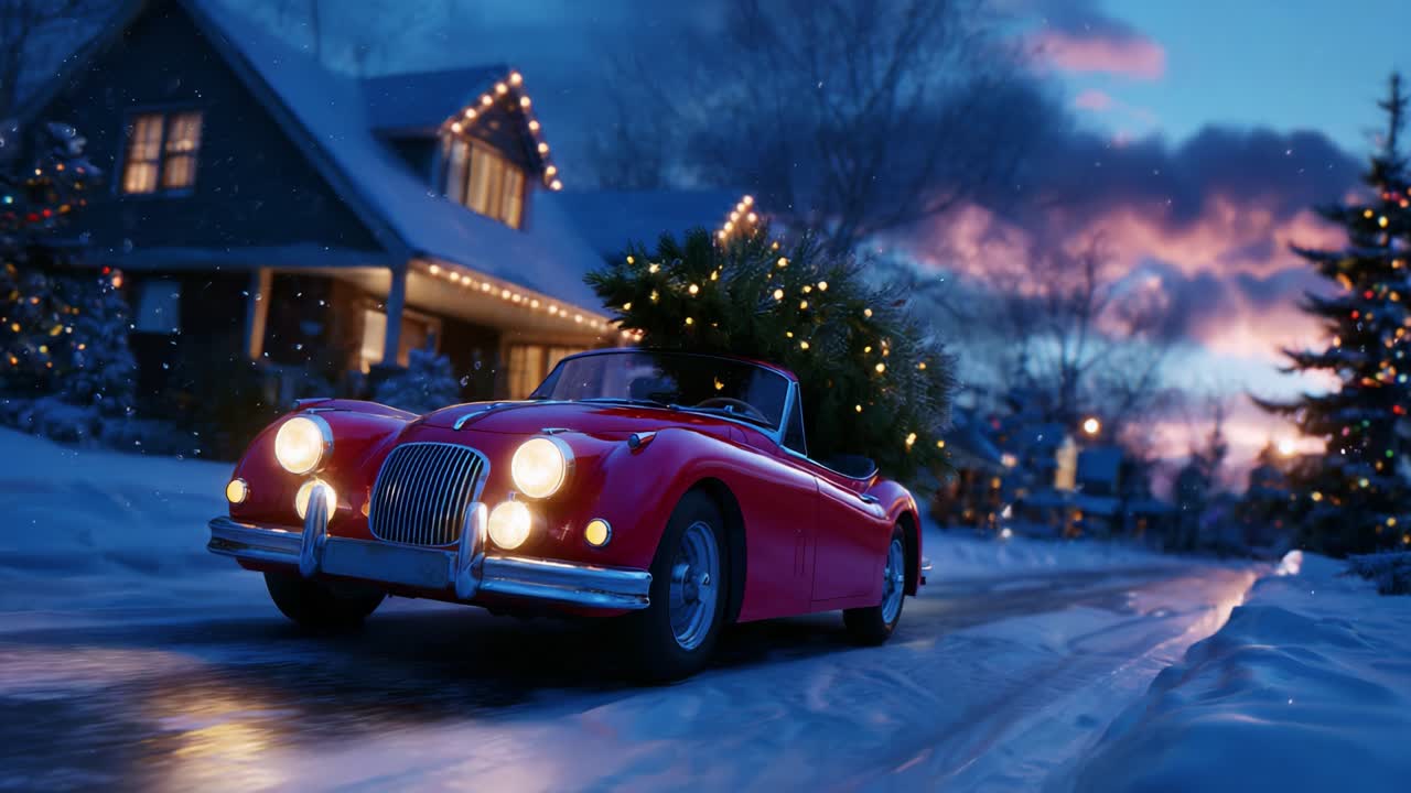 Eine festliche Szene mit einem klassischen roten Cabrio, das mit einem wunderschön geschmückten Weihnachtsbaum geschmückt ist und eine verschneite Straße entlangfährt, die von funkelnden Feiertags Lichtern und einer bezaubernden Winteratmosphäre beleuchtet wird.