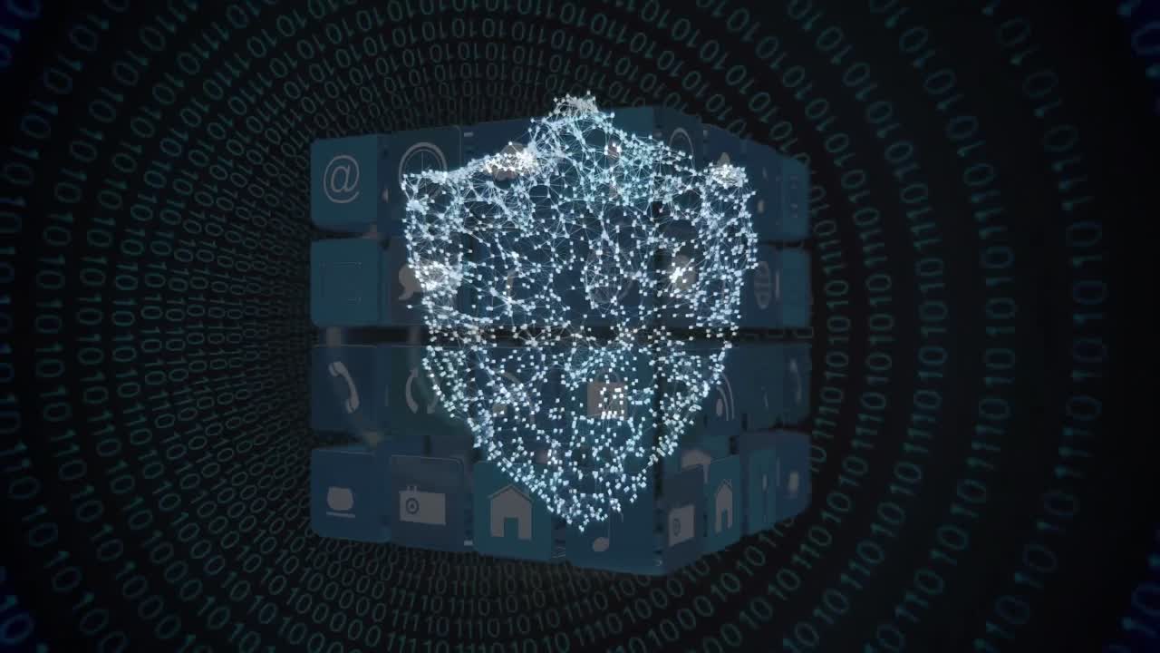 animación de un escudo digital sobre fondo negro con un cubo hecho de iconos y círculos pulsantes