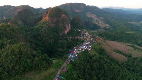 aerial of ban jabo northern thailand remote village in the province of mae hong son drone at sunset