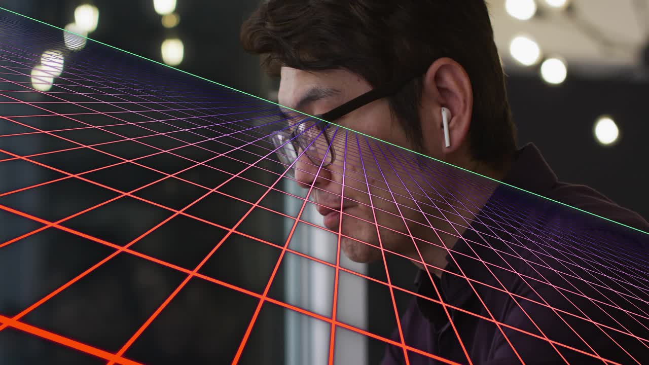 Tech expert shifting tablet, inserting earbud and viewing grid evolving red to purple for analysis