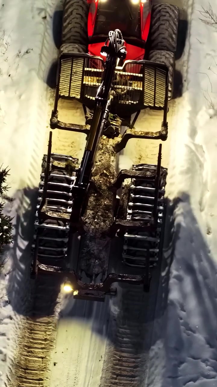 Primo piano dall'alto di una macchina forestale (forwarder) rossa nella neve profonda invernale