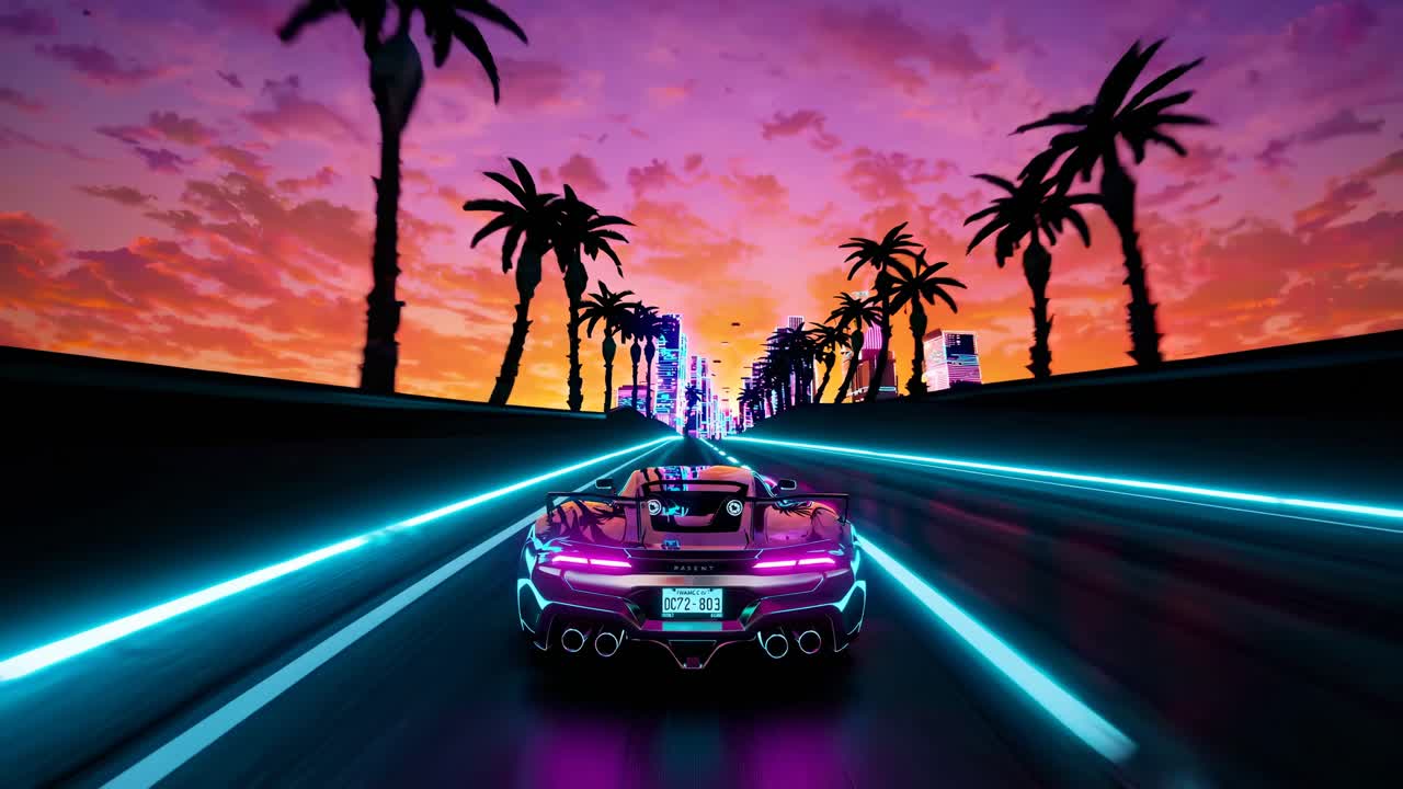 Futuristic video scene with a low-angle view of a neon-lit car racing down a palm-lined road