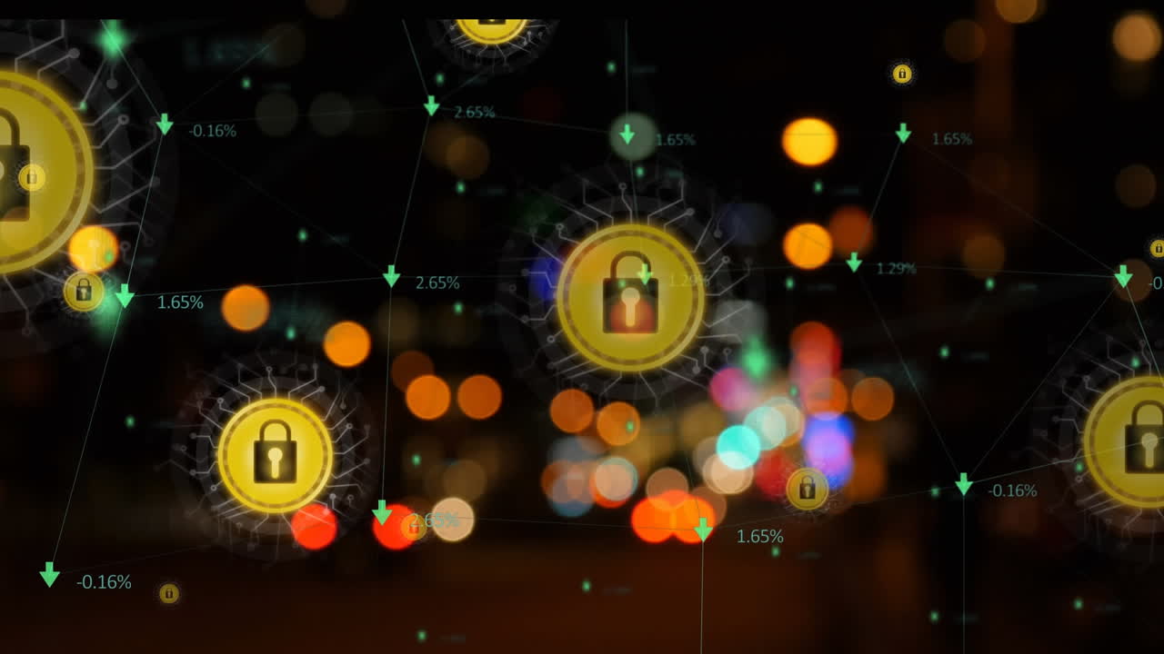 Animazione di una rete di connessioni con icone sul paesaggio cittadino