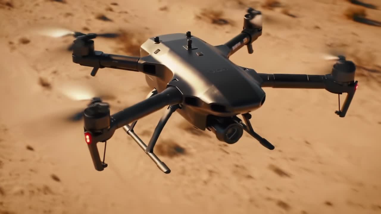 A High-Tech Drone Captured in Flight Over a Desert Landscape, Highlighting Its Sleek Design and Advanced Features as It Navigates Through Open Airspace