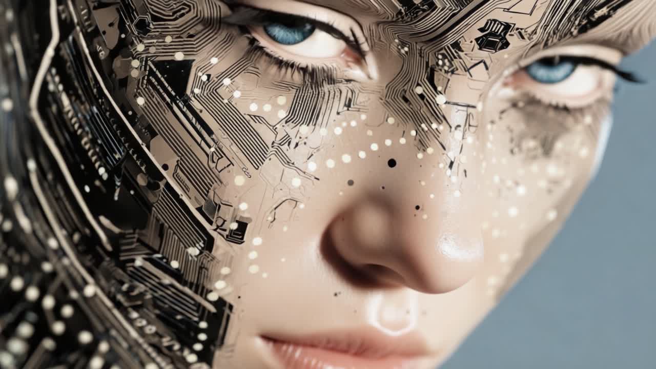 Aesthetic Transformation of a Futuristic Figure: Showcasing Detailed Microchip Patterns on a Human-like Face in Two Striking Frames
