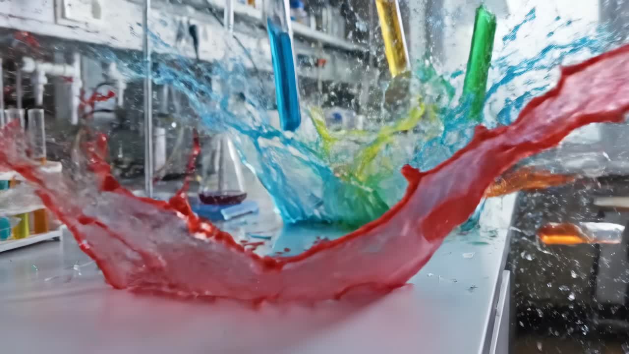 Tubos de ensayo de colores estallando y salpicando productos químicos en un laboratorio