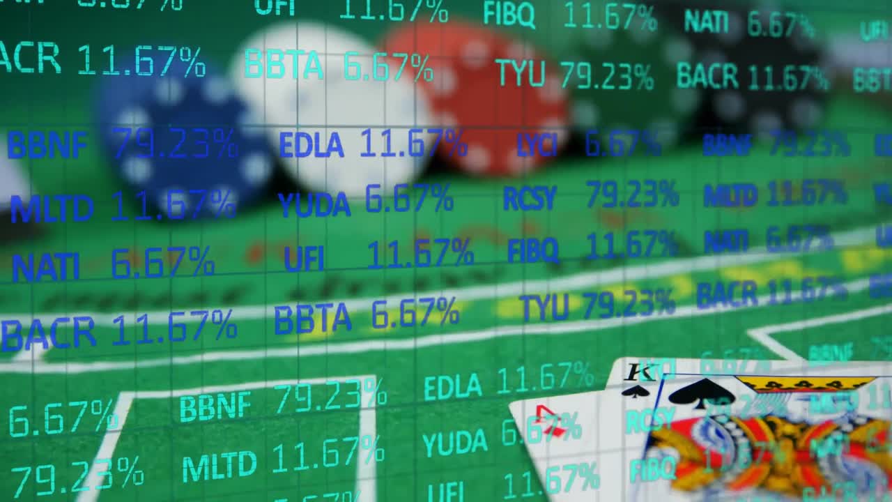 animación del mercado de valores sobre cartas de juego y fichas en fondo verde