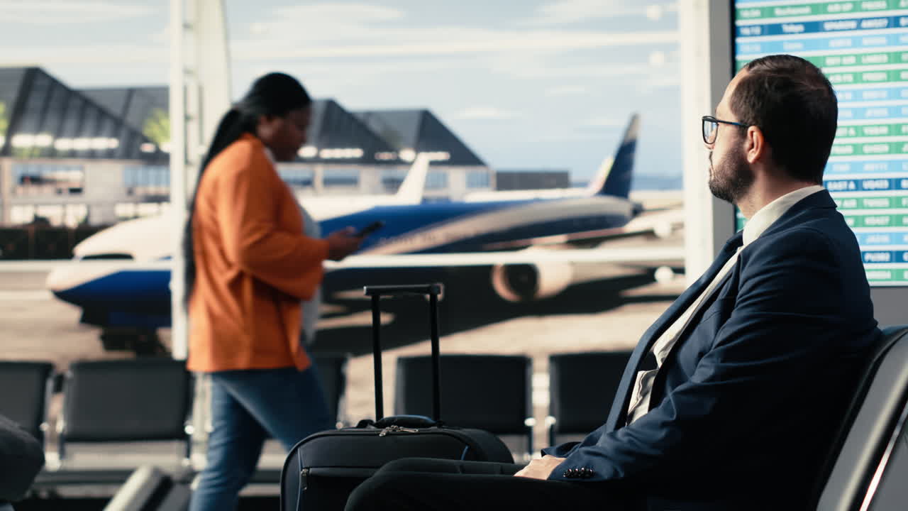 Empreendedor com traje corporativo na área de espera do aeroporto, perto do portão de embarque.