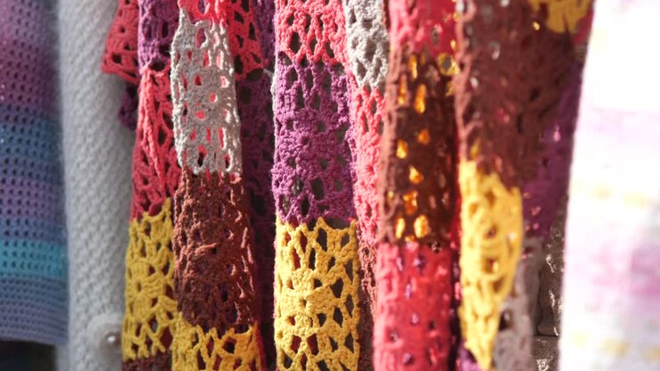 Tessuti all'uncinetto colorati appesi