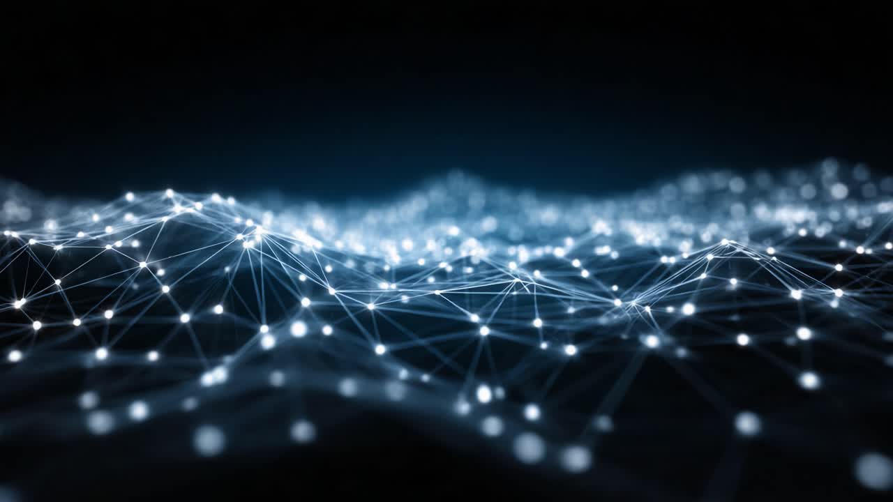 Abstract Representation of a Digital Network with Illuminated Nodes and Interconnected Lines Simulating Waves of Data Flow in a Dark Environment