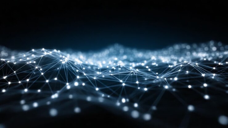 Abstract Representation of a Digital Network with Illuminated Nodes and Interconnected Lines Simulating Waves of Data Flow in a Dark Environment