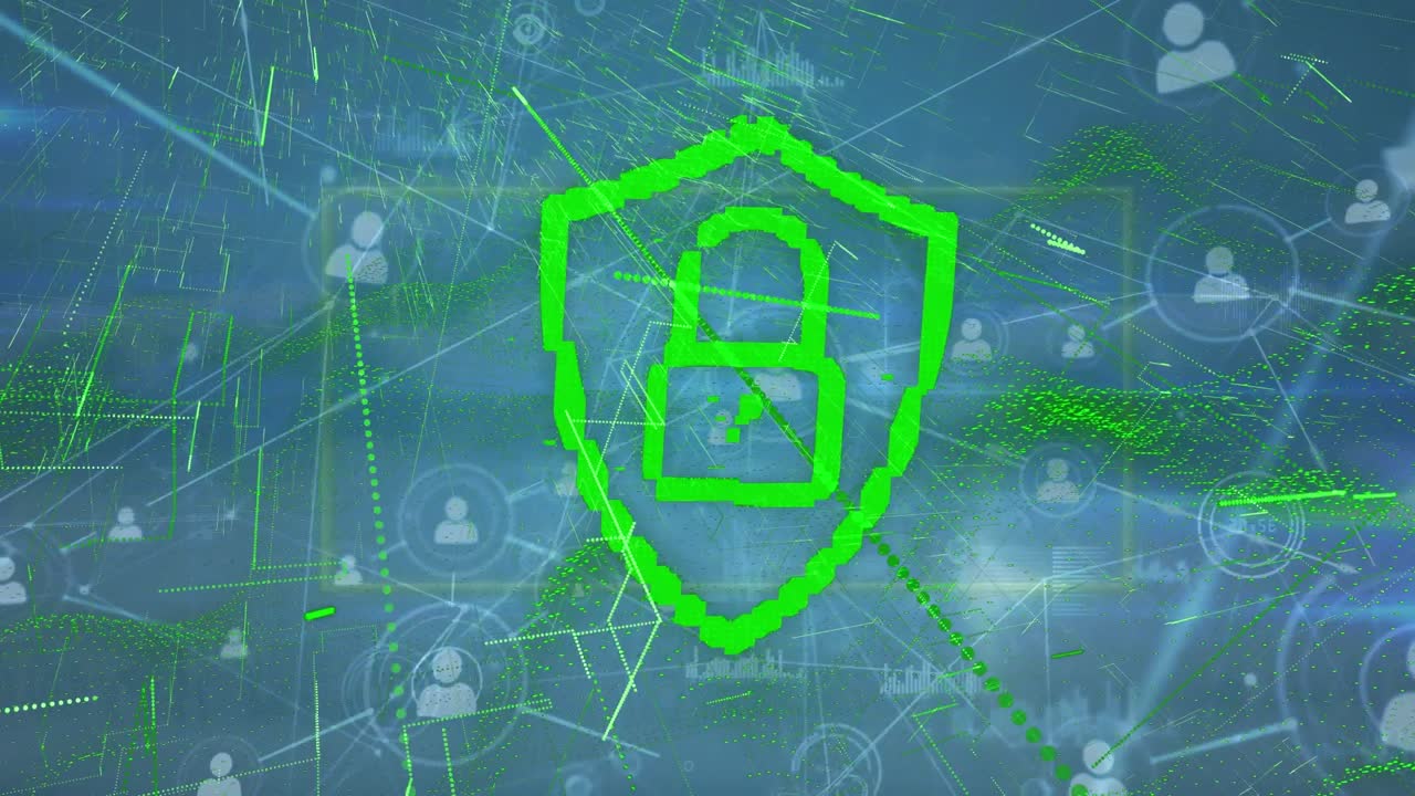 Animation of data processing and padlock over blue background
