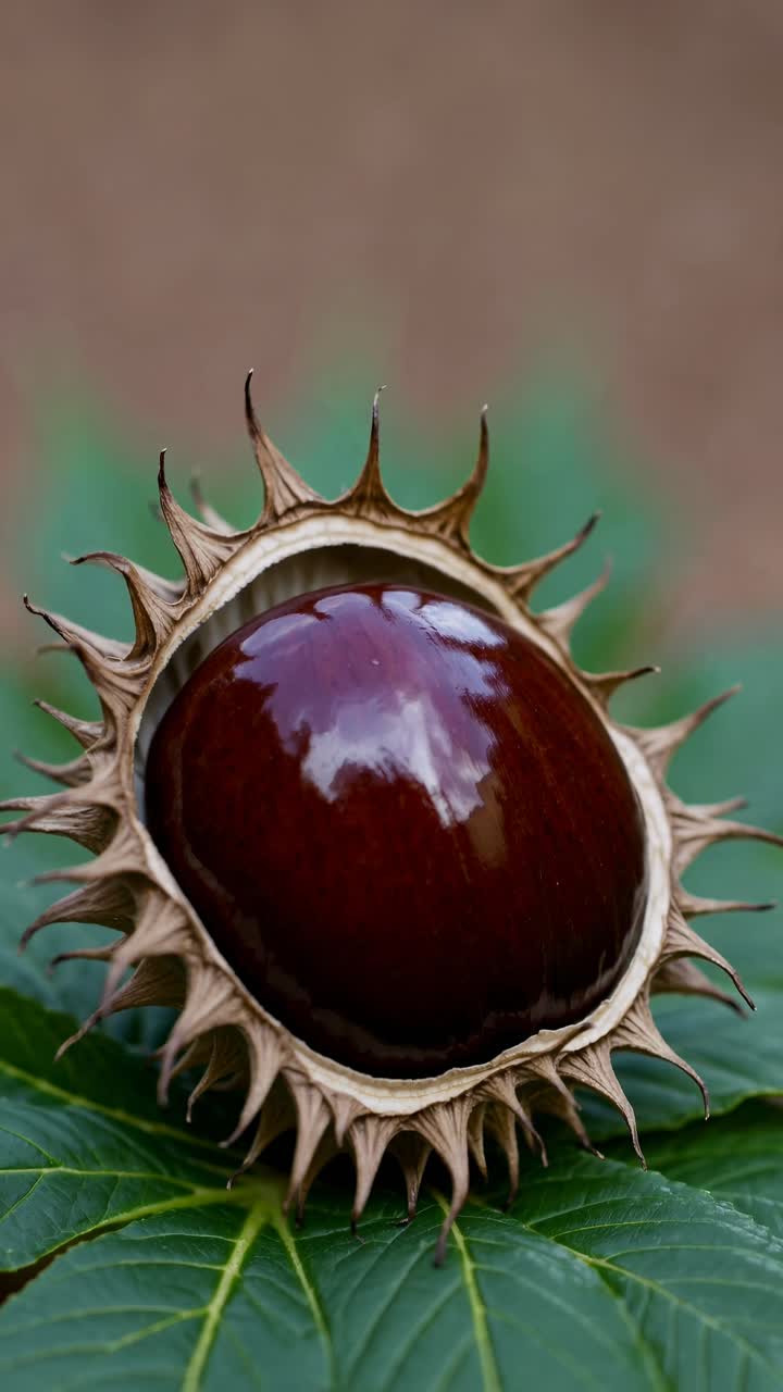 Close-up shot of a glossy chestnut in its spiky shell on green leaves, perfect for nature video