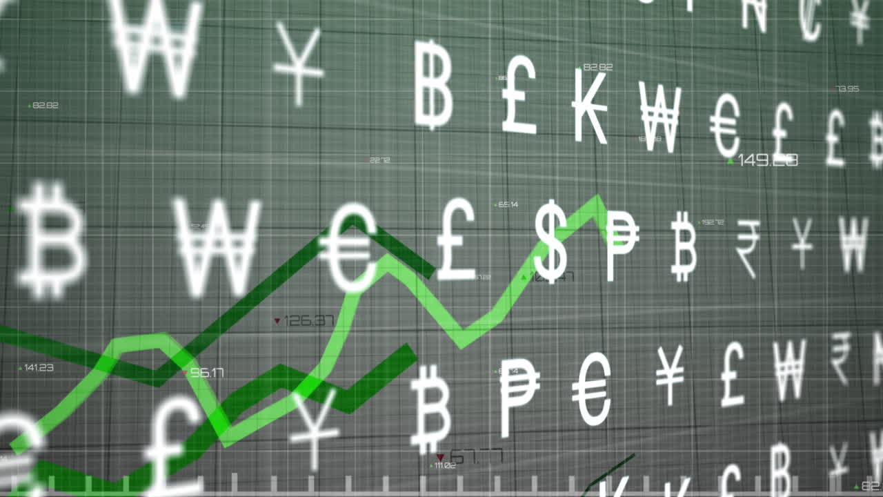 Animatie van groene lijnen, valutasymbolen en financiële gegevensverwerking.