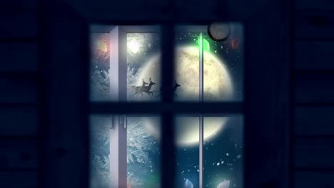 Animation-Des-Weihnachtsmanns-Im-Schlitten-Mit-Rentieren-In-Weihnachtlicher-Winterlandschaft,-Durch-Das-Fenster-Gesehen