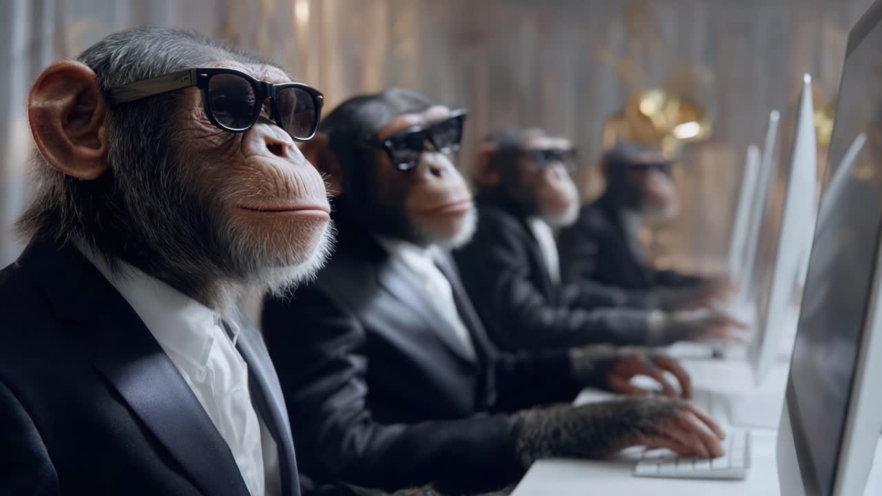A Group of Stylish Monkeys in Sunglasses Working on Computers in a Classy Environment Observes the Fascinating Fusion of Technology and Nature in a Quirky Scene