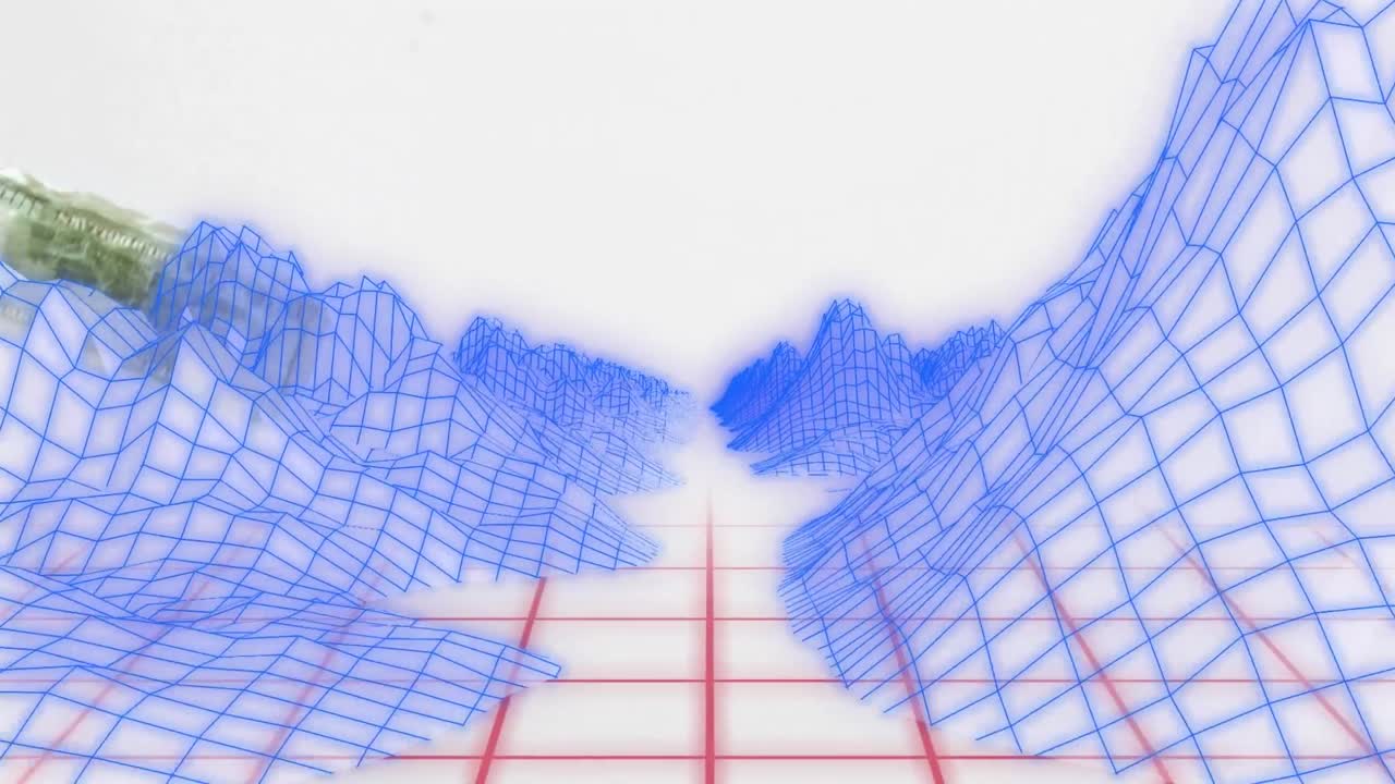 animación de estructuras del metaverso sobre la red de red y billetes de dólares estadounidenses contra un fondo gris