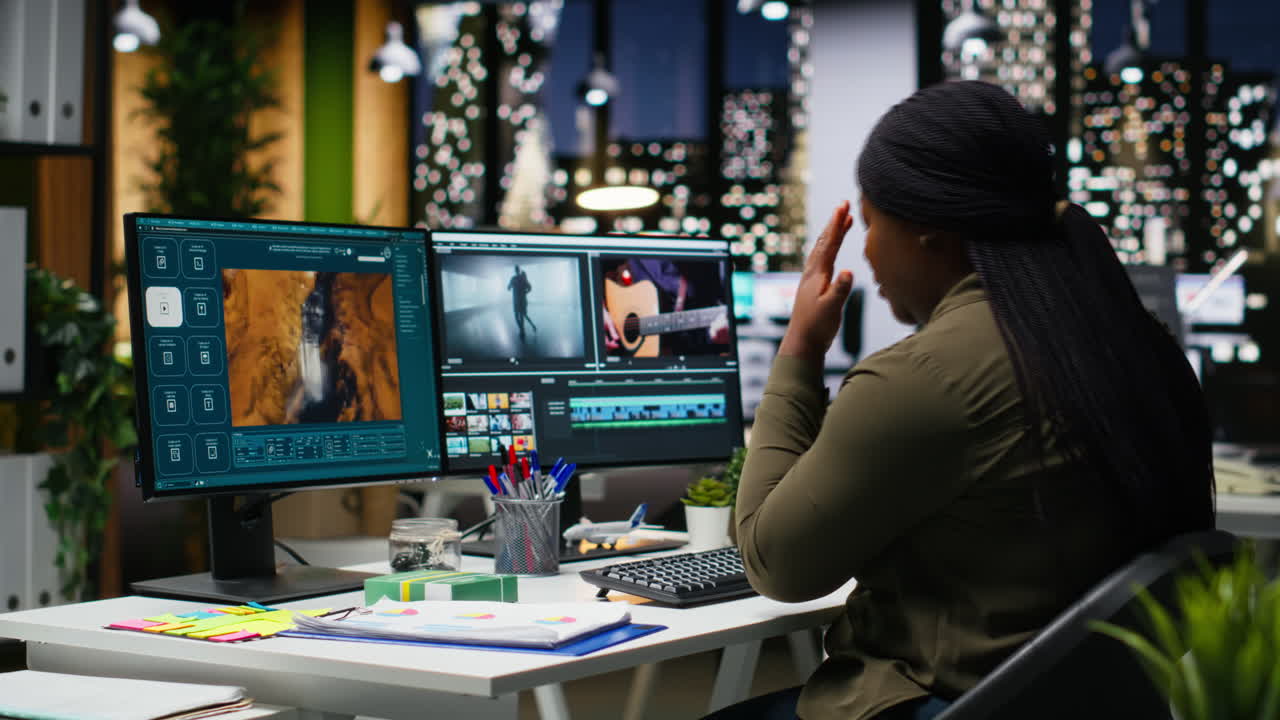 Fatigued drained videographer works on film montage with migraine