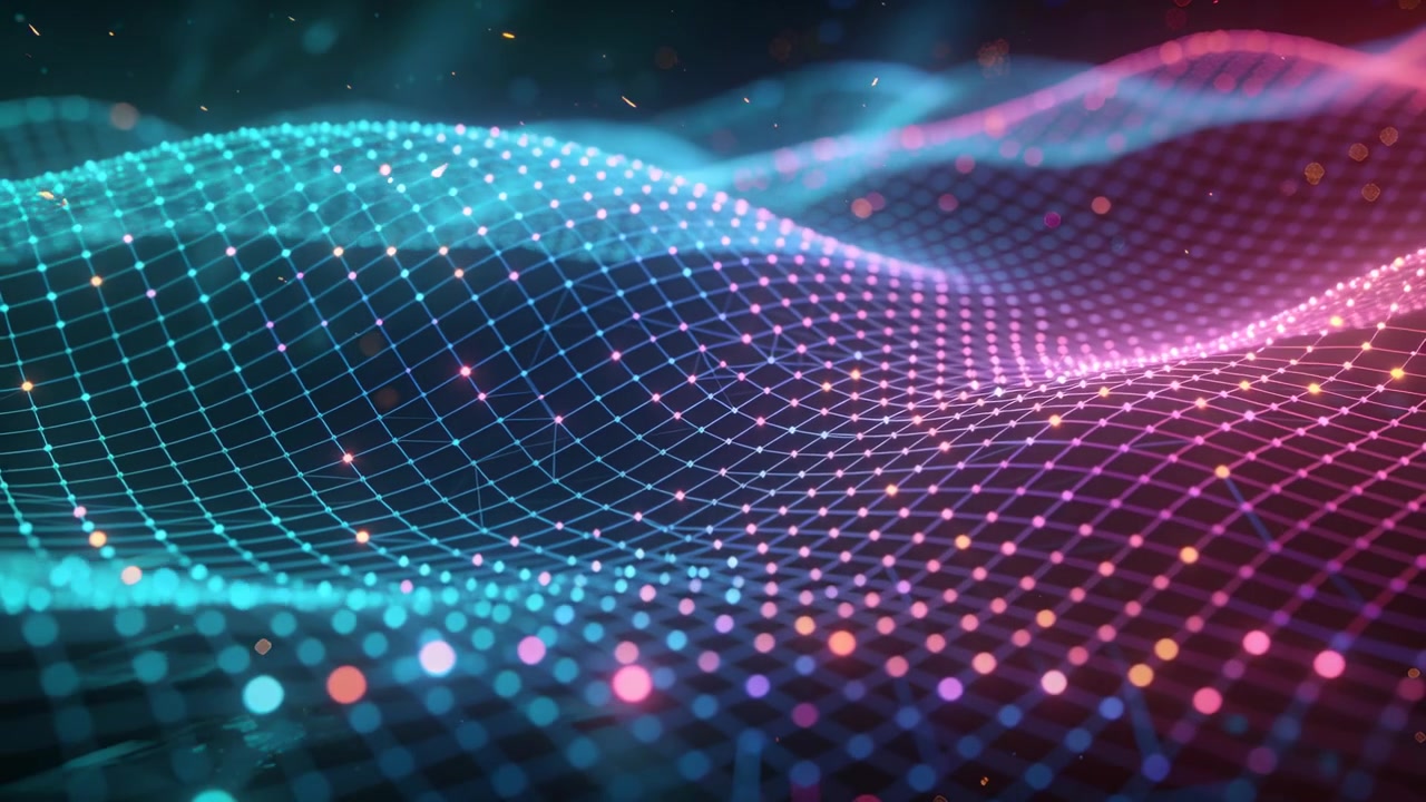 Animating glowing 3D grid pulsing luminous nodes, ember particles in abstract 3D space showing data