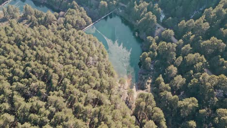 Vista-Aérea-De-Un-Paisaje-De-Pinares-Con-Un-Lago-Parcialmente-Congelado-En-La-Sierra-De-Madrid.