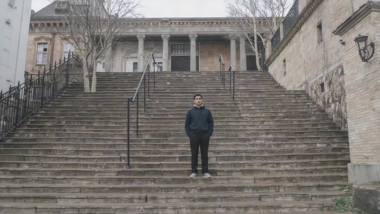 Uomo che cammina, indossa una felpa scura con cappuccio e scarpe da ginnastica chiare, scende le scale di pietra in un edificio colonnato