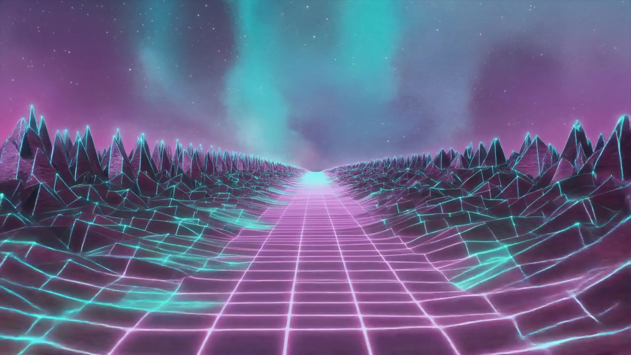 Paesaggio Digitale Retro Synthwave con Griglia Luminosa e Montagne