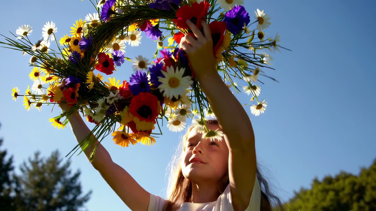 Young girl holding a colorful flower wreath under a sunny sky
