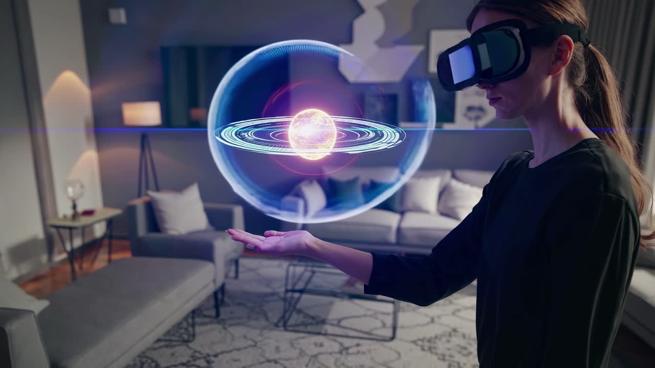 A woman in VR headset interacts with a holographic solar system in a modern living room
