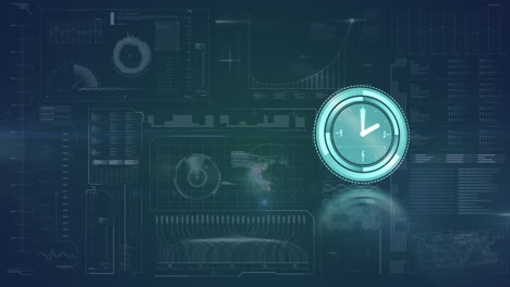 animación de un reloj moviéndose sobre un fondo azul con datos diversos
