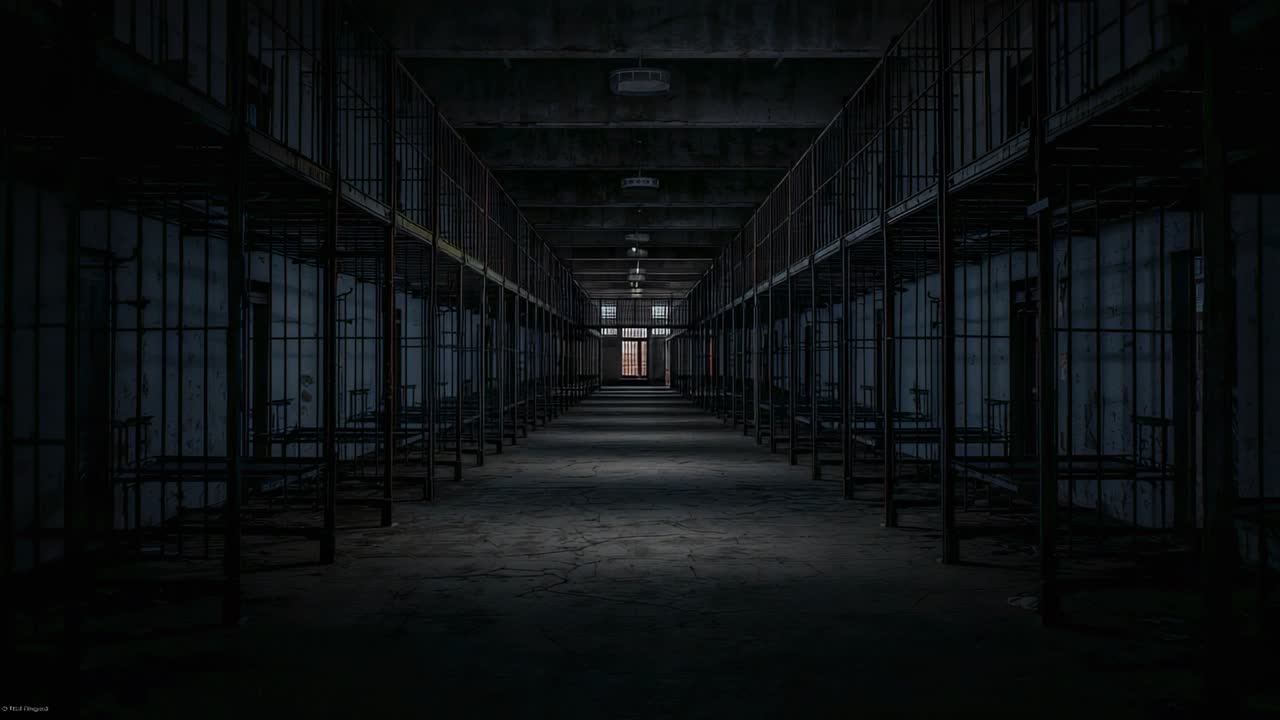 Holding camera capturing concrete hall as lights dim, with rows metal bunks and red barred door