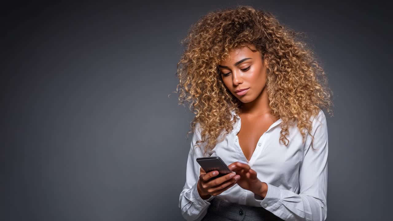 Una giovane donna alla moda con folti capelli ricci è intenta a usare il suo smartphone, a dimostrazione delle moderne tendenze della comunicazione e della moda su un elegante sfondo grigio