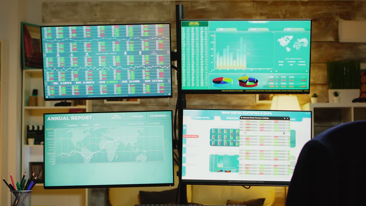 Zoom out of home office with monitors for stock market