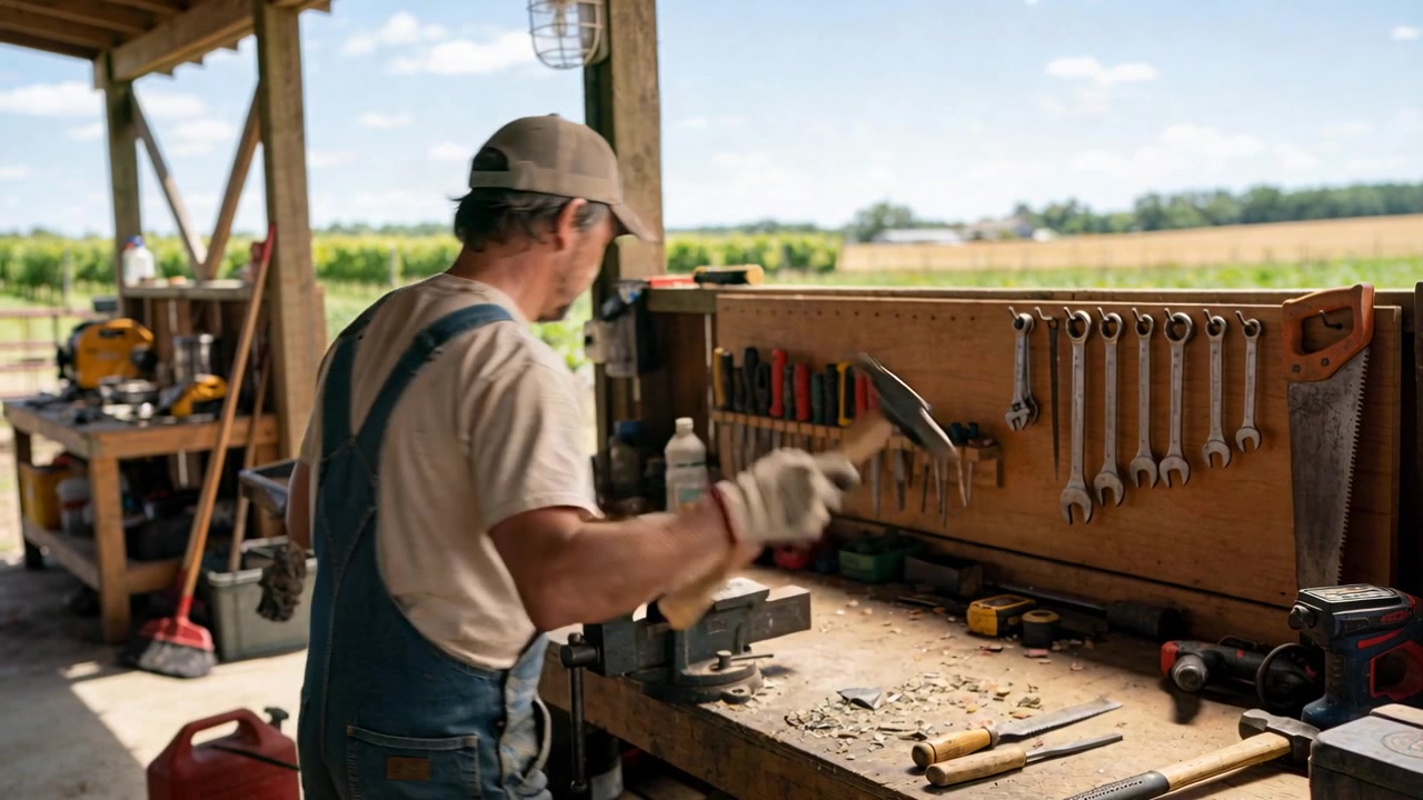 Operating bench vise, man wearing denim overalls repairing metal part at rural workshop