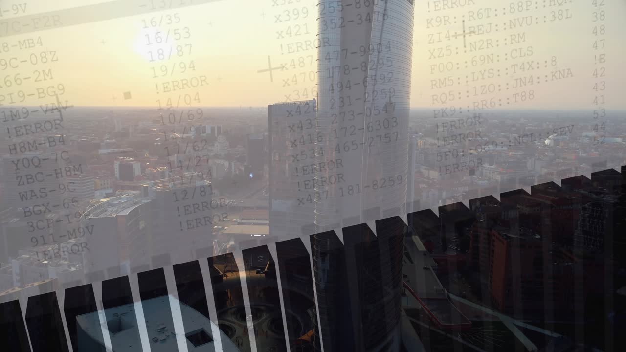 Serrated rooftop reflection and tall skyscraper shifting as camera pans, overlay showing data trend
