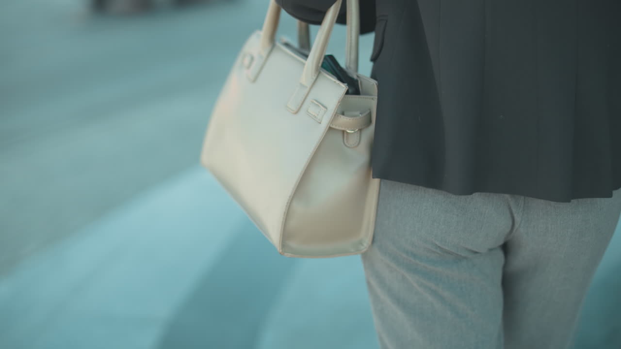Close up rear view of lecturer in professional attire walking with handbag on arm, background blurred showing passing cars and urban setting