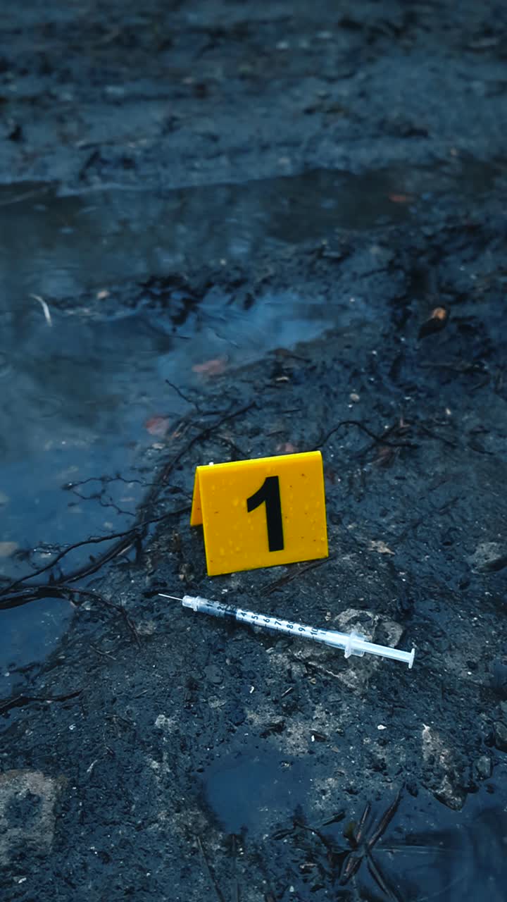 Forensic evidence, including a syringe and a yellow marker with the number one, resting on muddy ground as raindrops create ripples in a puddle at a mysterious crime scene investigation