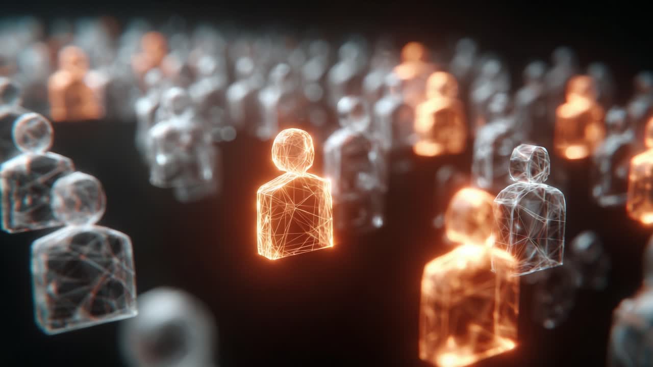 Visual Representation of Digital Networking: A 3D Abstract Model Depicting Connected Figures in a Futuristic Environment with Highlighted Interactions