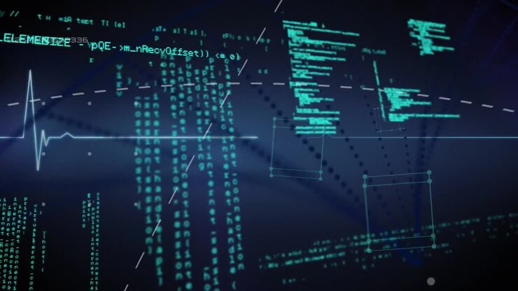 Animation af hjerteslag over computerprogrammeringssprog og 3D-kuber