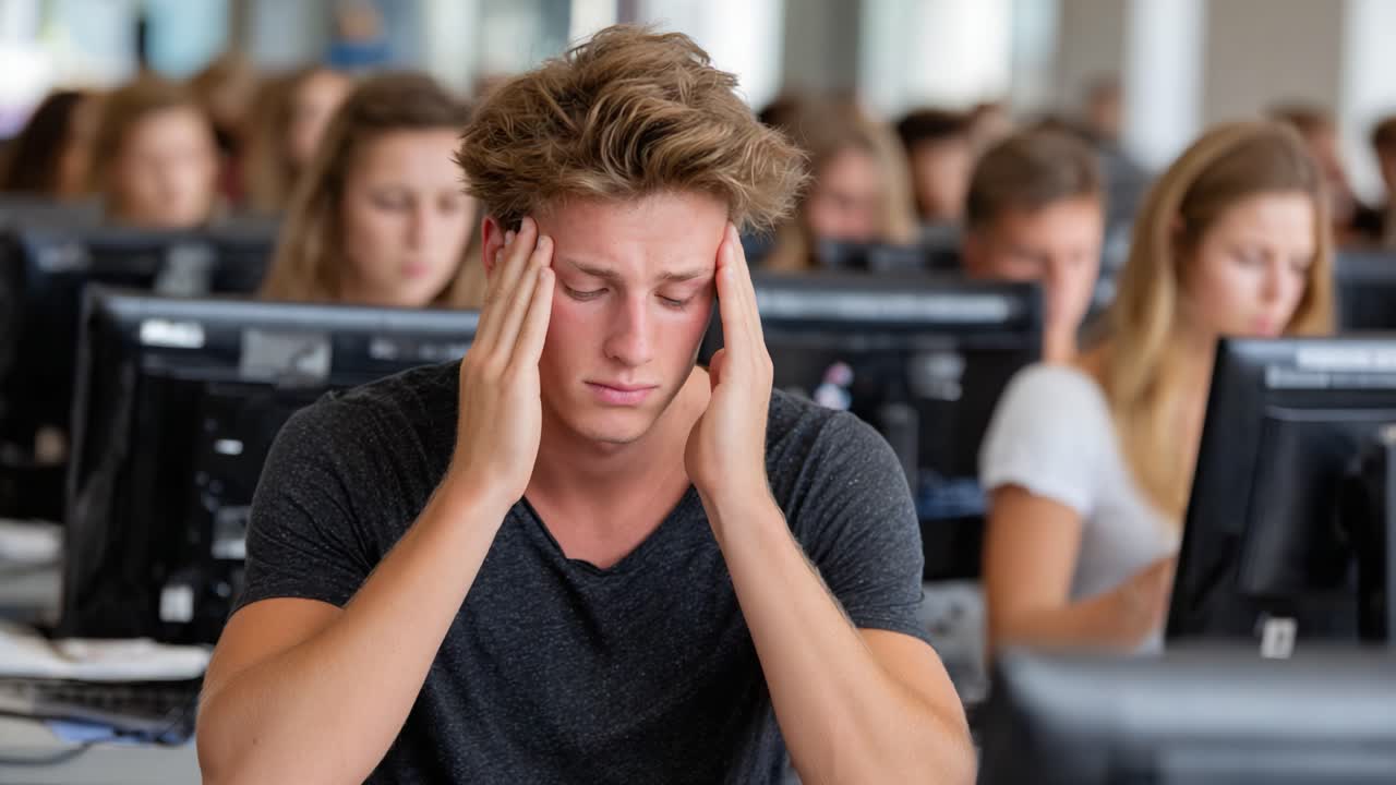 Studente stressato che lotta per concentrarsi in un ambiente scolastico affollato, tra compagni e schermi di computer, a testimonianza della pressione delle esigenze accademiche e delle difficoltà di apprendimento