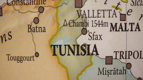 close-up of a map showing tunisia and surrounding countries