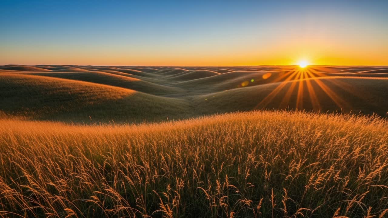 A Mesmerizing Sunset Over Rolling Hills with Glowing Grass in the Foreground, Capturing Nature's Beauty During Golden Hour