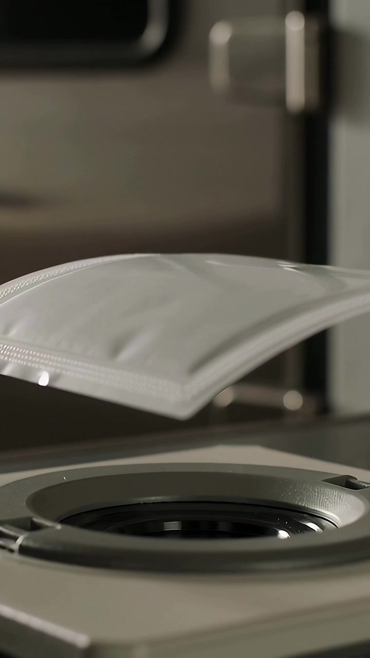 Vertical video: Releasing stacked die lifting flexible pouch for inspection on production line