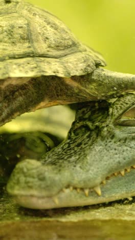 scary crocodile resting near turtle in enclosure
