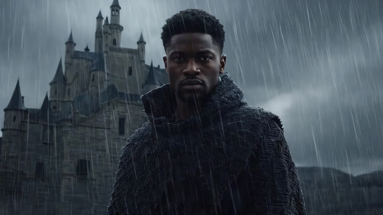 Man in a cloak in front of a castle in the rain