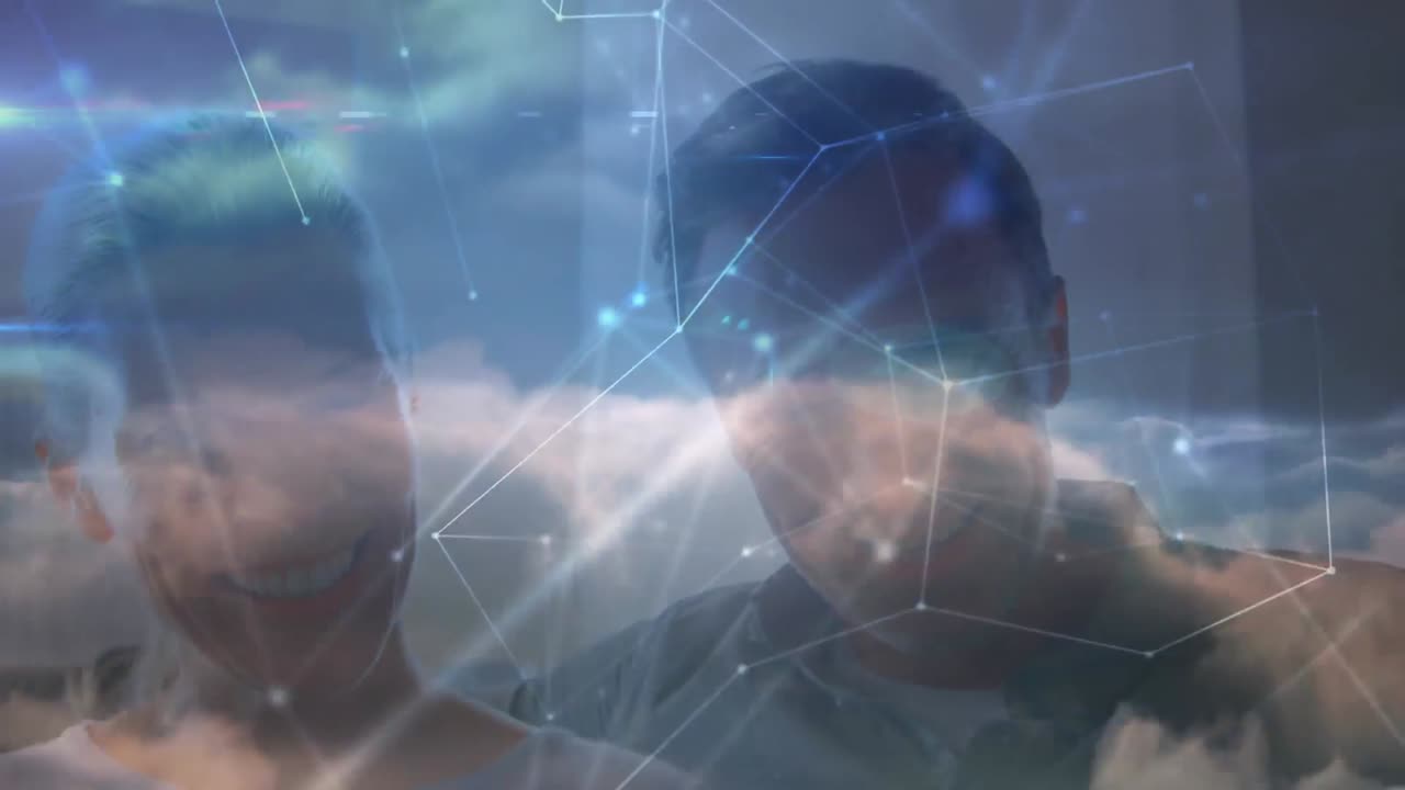 Animation of networks of connections with icons over happy couple