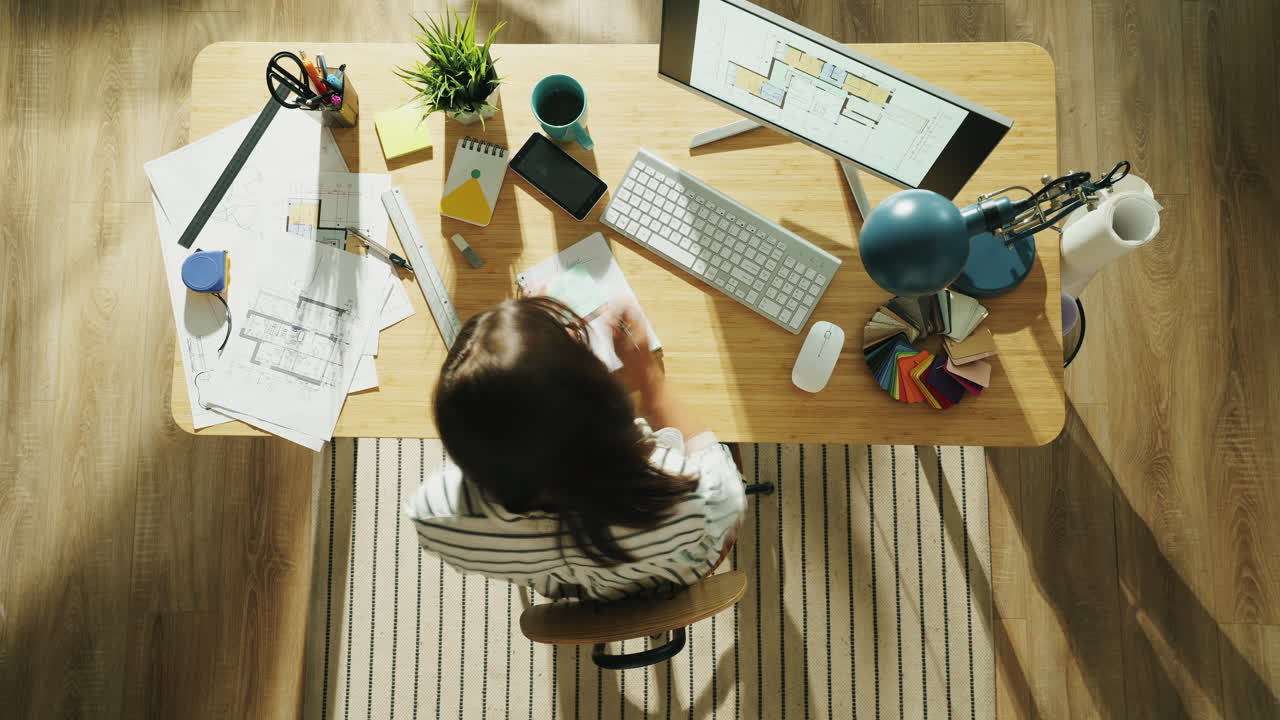 Architect working on floor plans at her desk
