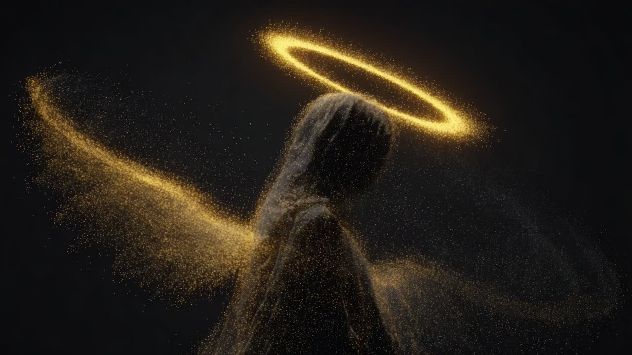 A celestial figure adorned with a luminous halo emanates a mesmerizing aura, as particles swirl and dance around the ethereal presence, embodying a profound sense of spirituality and mystery